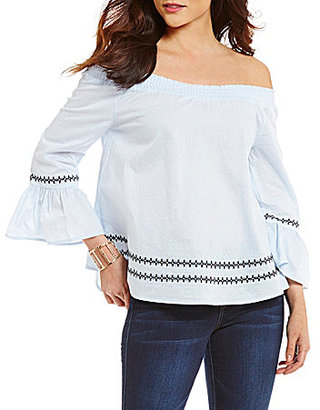 Copper Key Embroidered Bell Sleeve Off The Shoulder Top