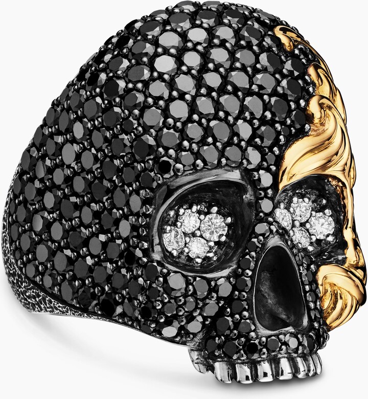 David Yurman Waves Skull Ring in Sterling Silver with 18K Yellow Gold and Diamonds | Men's | Size 10