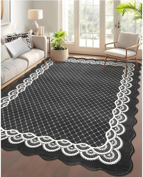TruAIR 8'x10'WashableScallopedAreaRug-LacePinkLowPileNon-SlipRugforLivingRoomBedroom&Nursery