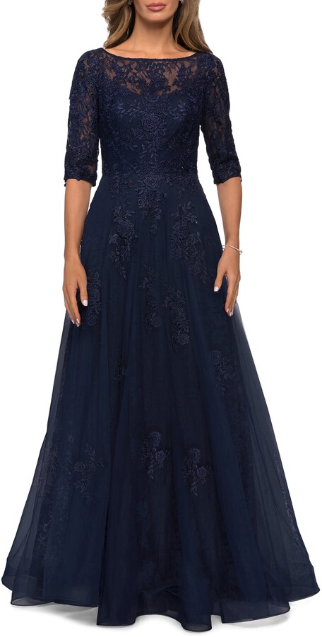 navy floral gown