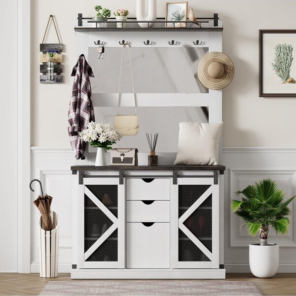 GaoMon CoatRack-HallTreeWithShoeCubbiesand7CoatHooks,3DrawersforHallway,MudroomBenchWithShoeStorageBench,EntrywayFurniture.White