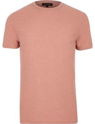 River Island Mens Pink waffle cotton slim fit T-shirt
