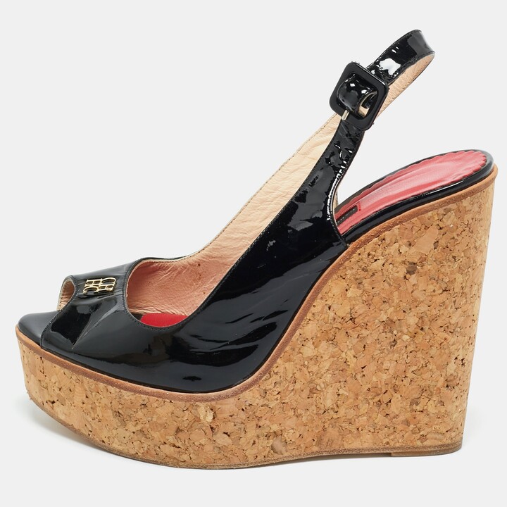 CH Carolina Herrera Black Patent Leather Peep Toe Bow Espadrille Wedge Sandals