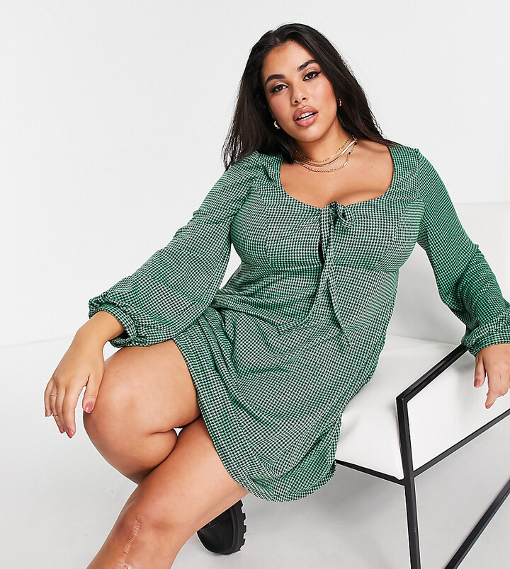 ASOS Curve ASOS DESIGN Curve mini babydoll dress with tie detail and long  sleeve in green and black houndstooth print - ShopStyle