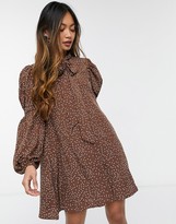 Thumbnail for your product : Fashion Union mini smock dress with pussy bow and tiered sleeves in brown spot