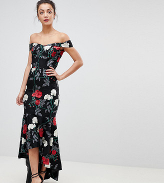 black bardot fishtail bodycon midi dress