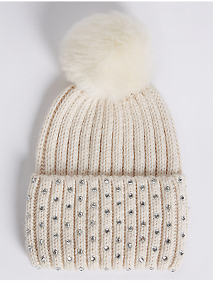 M&S Collection Cable Knit Pom Hat