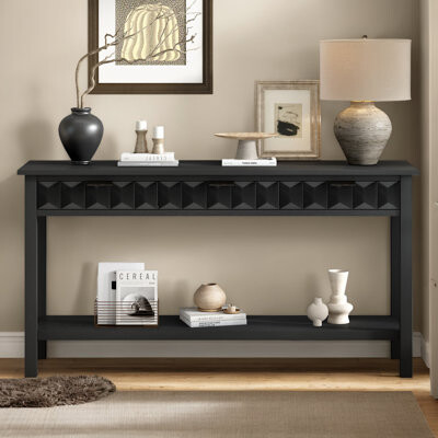 Latitude Run Arrow-Shaped Design Console Table with Open Shelf and Rattan Side