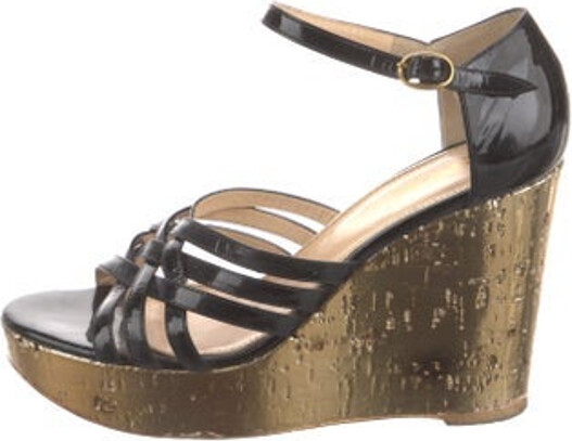 Saint Laurent Patent Leather Sandals Black, Gold & Metallic Platform Multistrap & Buckle Closure at Ankles