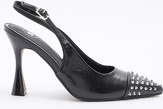 River Island Womens Black Stud Toe Heeled Sling Back Court Shoes