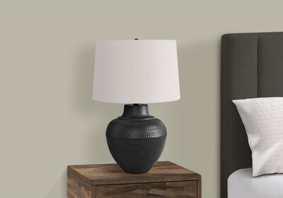 NFusion Veylinne Transitional Table Lamp with Black Metal Base and Ivory Linen Shade (Bulb Not Included)