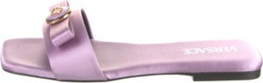 Versace Satin Slides Purple Bow Accents & Leather Trim Includes Box & Dust Bag