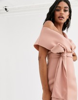 Thumbnail for your product : ASOS DESIGN DESIGN fallen shoulder midi pencil dress with tie detail in rose