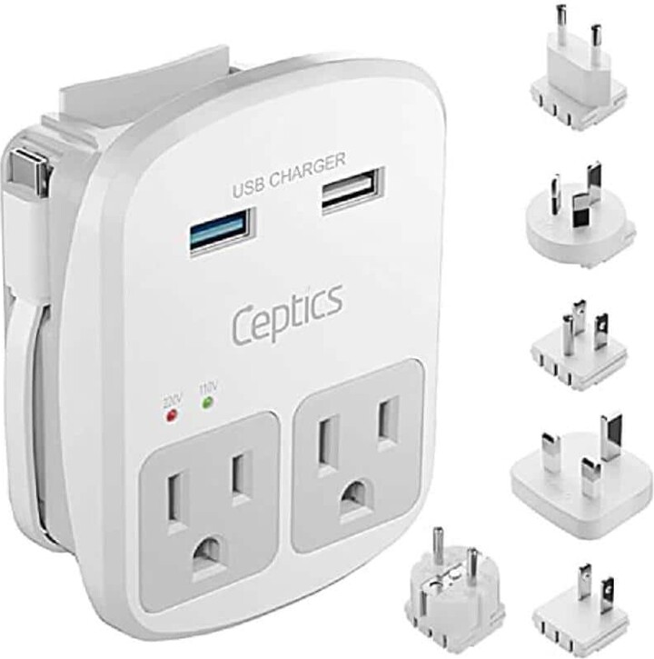 Ahfiwaso 2-Outlet Surge Protector Universal Travel Adapter Kit with 2 USB-A Ports, 1 USB-C Cord and 6-Plug Types, White