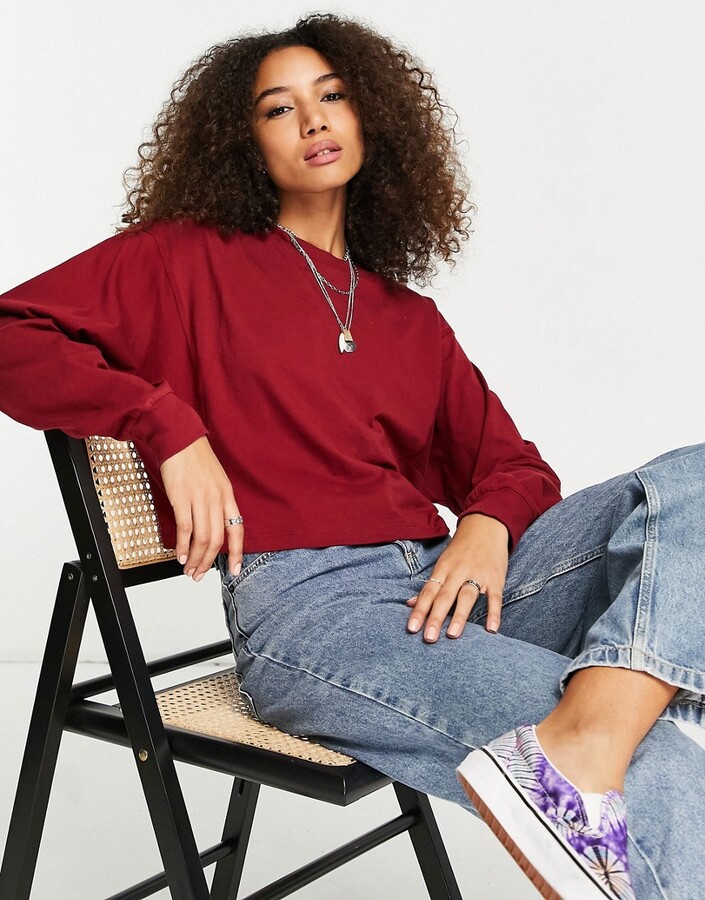 ASOS DESIGN long sleeve boxy t-shirt with seam detail in burgundy -  ShopStyle