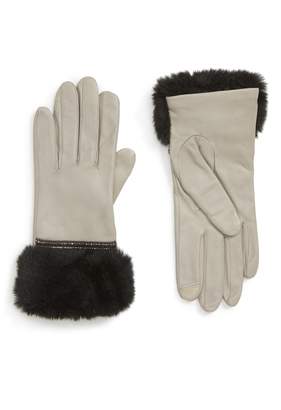 Badgley Mischka Collection Faux Fur Trim Leather Touchscreen Gloves