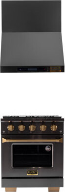 Kucht Gemstone 30 In. 4.2 Cu. Ft. 4-Burners Dual Fuel Range For Propane Gas In Titanium SS + Wall Mount Range Hood