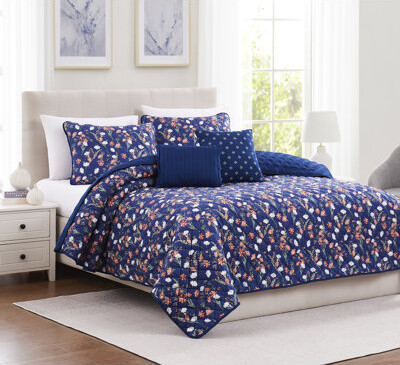 RT Designer's Collection Tropic Subtle Navy Flowers Quilt Decorative Pillows Shams Floral
