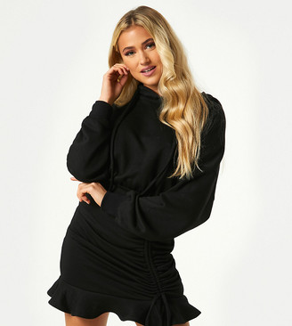 Outrageous Fortune exclusive mini ruched ruffle detail sweat dress with hood in black