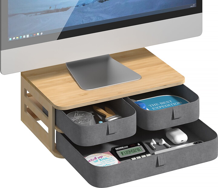 Yoneston Bamboo Monitor Stand Riser with 3 Storage Drawers for Computers, Laptops, Printers, Phone Home Office Desk Organizer