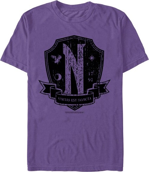 Wednesday Series Men'sWednesdayNevermoreAcademyDistressedEmblemT-Shirt-Purple-XLarge
