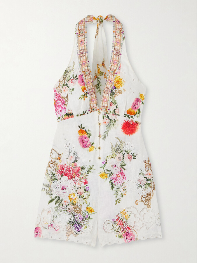 Camilla Embellished Floral-print Broderie Anglaise Linen Halterneck Playsuit - Off-white