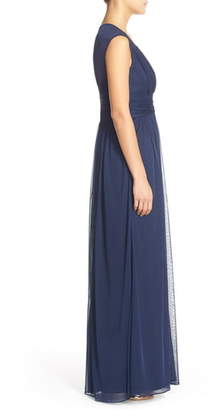 Alfred Sung Shirred Chiffon Cap Sleeve Gown