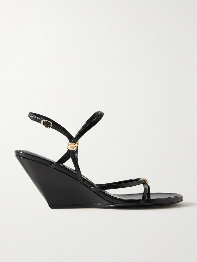 Proenza Schouler Coil Embellished Crinkled Glossed-leather Wedge Sandals - Black