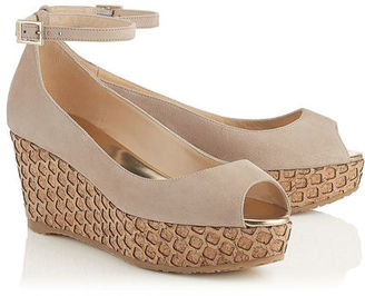 Jimmy Choo PACIFIC 70 Nude Suede Peep Toe Sandals with Lasered Cork Covered Wedge