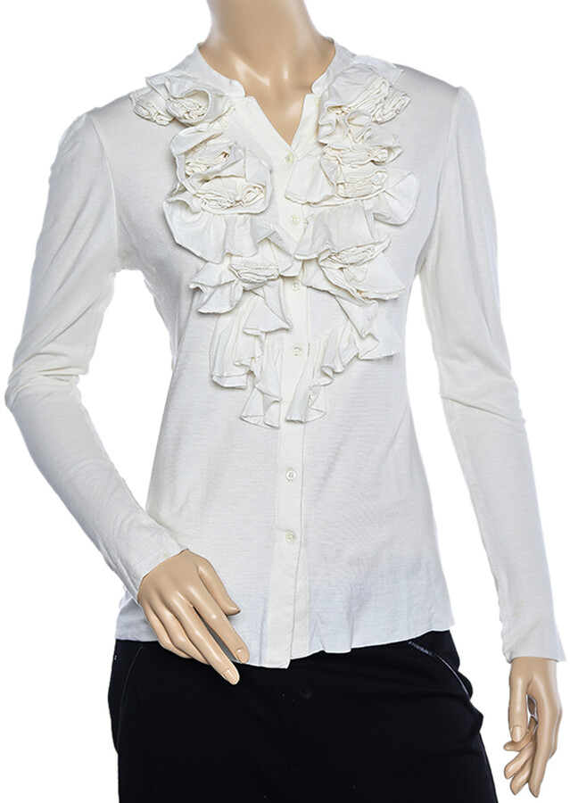 Ralph Lauren Off White Knit Ruffled Neck Button Front Top L