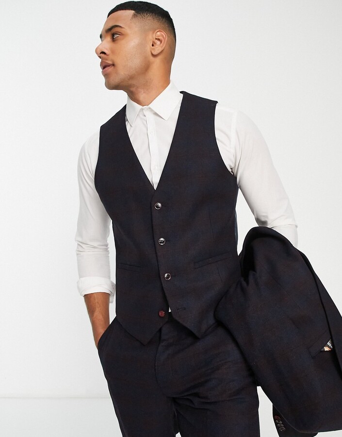 Mens 5 Button Harris Check Wool Tweed Slim Fit Vest Waistcoat Blue S-3XL