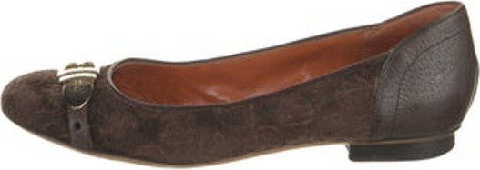 Gucci Velvet Ballet Flats Brown Round-Toes with Leather Trim Embellishment Buckle Closure At Uppers Includes Box Designer