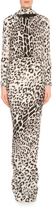 Tom Ford Long-Sleeve Low-Back Jaguar-Print Gown, Gray/Black