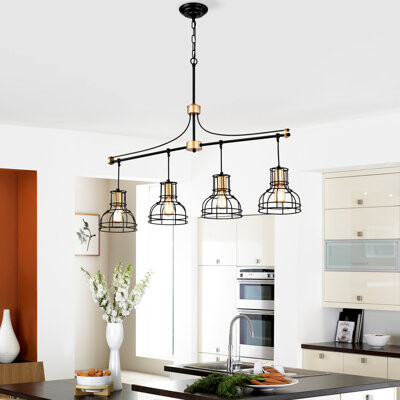 Ebern Designs 4- Matte Black And Gold - Luxury Ceiling Fixture For Dining Room Kitchen Island Style With Metal Lampshade Adjustable Ht Room Vintage Island Living
