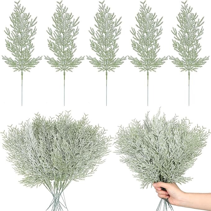 Lyrow 96 Pcs Christmas Snowy Artificial Pine Needles Branches Twigs Fake Pine Picks Fake Tree Branches Faux Pine Sprigs Greenery Stems for Holiday Garden DIY Crafts Wreaths Garlands Party Decorations