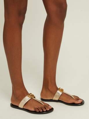 Gucci Gg Marmont Flat Leather Sandals - Womens - Gold