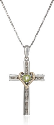 Amazon Collection Sterling Silver and 14k Gold Peridot Heart and Diamond-Accent Cross Pendant Necklace 18"