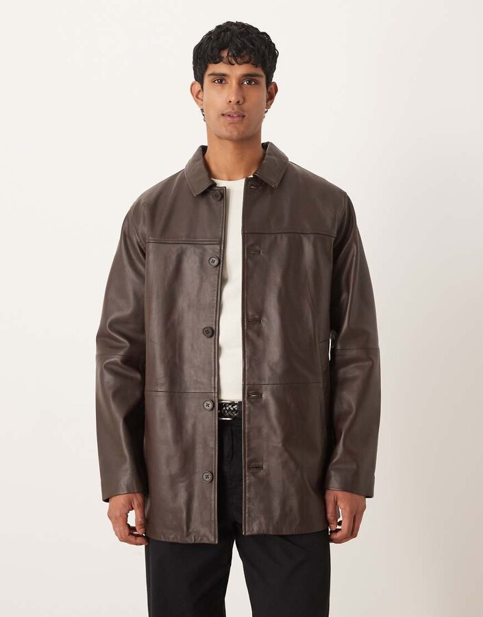 ASOS DESIGN mid length leather shacket in brown