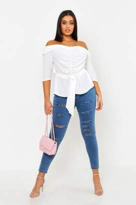 boohoo Plus Ruched Off The Shoulder Tie Detail Blouse