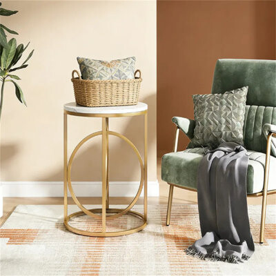 Modern Round Side Table With Golden O-shaped Base – Marble White Cocktail Table, Coffee Table, End Table, 200 Lbs Capacity For Living Room, Bedroom