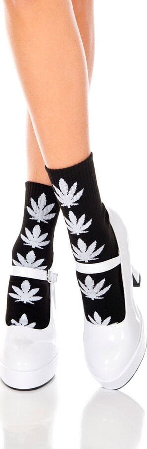 Music Legs Women’s Leaf Print Socks 537-BLACK/WHITE