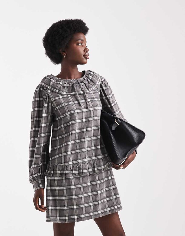 NATIVE YOUTH tartan ruffle collared dress in black plaid