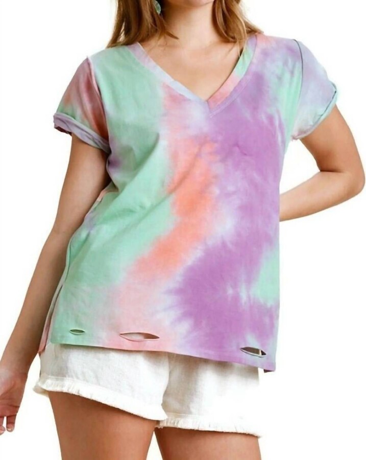 umgee Distressed Tie Dye Top In Peach/purple