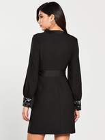 Thumbnail for your product : Warehouse Star Embellished Cuff Mini Wrap Dress - Black