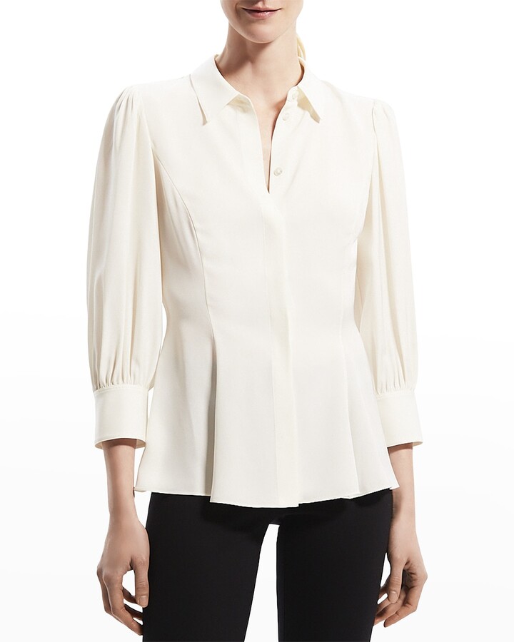 Theory Puff-Sleeve Silk Blouse with Godets - ShopStyle Button Down Shirts