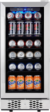 FDFK 96 Cans 15 Inch Beverage Cooler With Wine Storage And Double-layer Tempered Glass Door