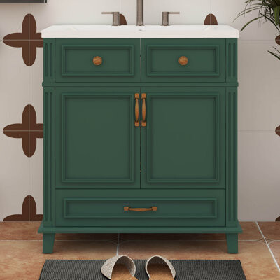 30'' Bathroom Vanity With Ceramic Sink, Retro Solid Wood Storage Cabinet With Soft Closing Doors
