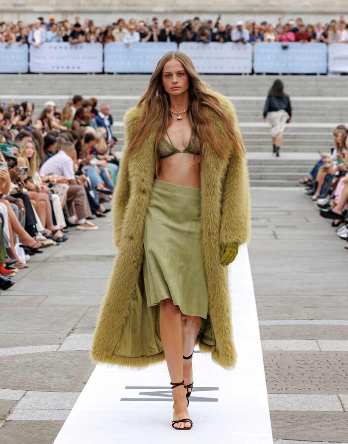 Topshop faux fur super long coat in green