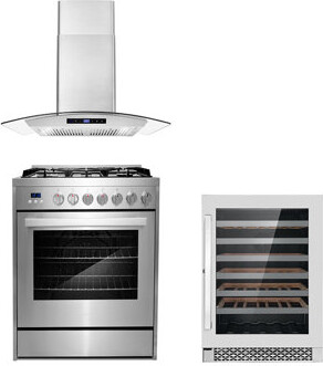 Cosmo 3 Piece Kitchen Package With 30" Freestanding Gas Range 30" Wall Mount Range Hood 48 Bottle Single Zone Wine Refrigerator