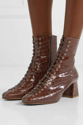 Bzees By Far BY FAR - Becca Glossed Croc-effect Leather Ankle Boots - Dark brown